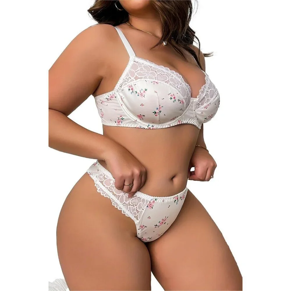 WOMEN'S White Floral Sexy Lace Push Up Bra & Babydoll Nightwear Lingerie Set